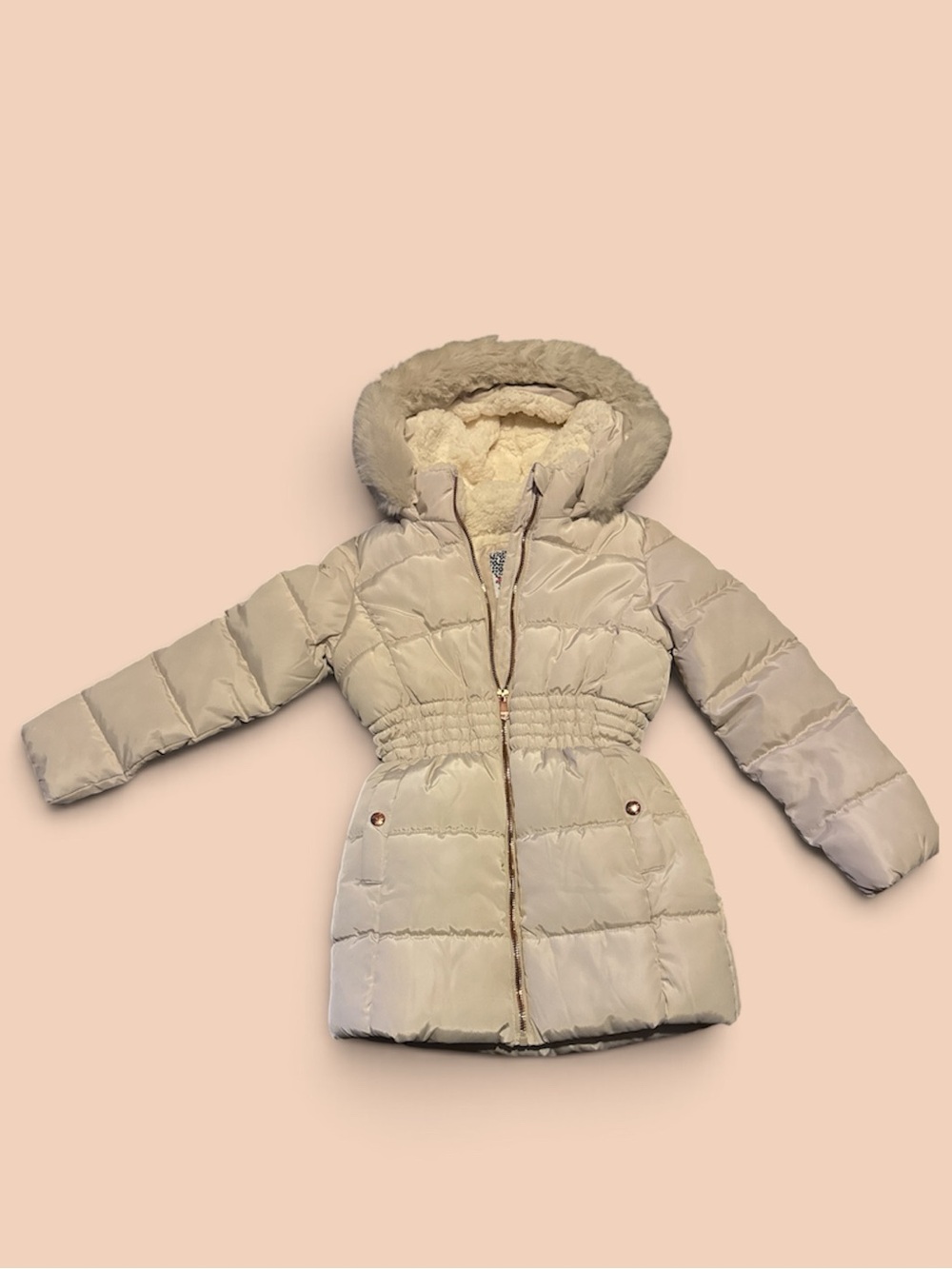Kensie Girl NWT Cream Puffer Jacket with Hood Faux Fur